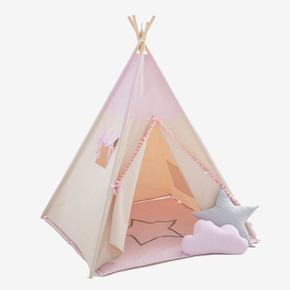 koel Meer streng Roze speeltent met pompons, set Pink tipi tent voor meisjes - Cozydots.com